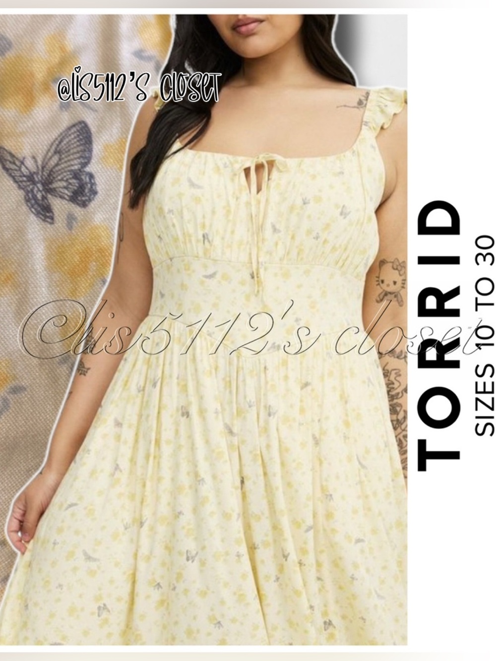 Torrid Yellow Butterfly & Moth Floral Corset Detail Midi Dress 18 2X
